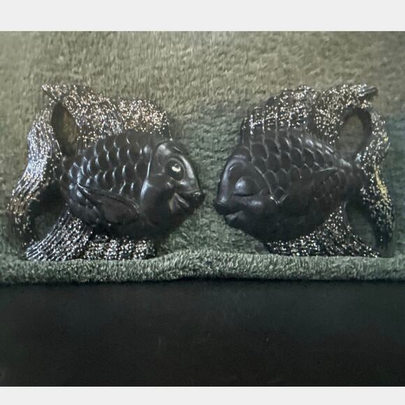 1954 Miller Studios Chalkware Kissing Fish Plaster Black and Sparkly MCM - Picture 3 of 14
